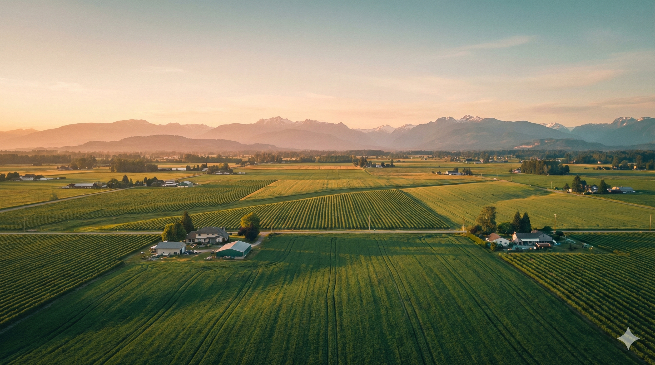 Langley Fraser Valley fields with mountain backdrop